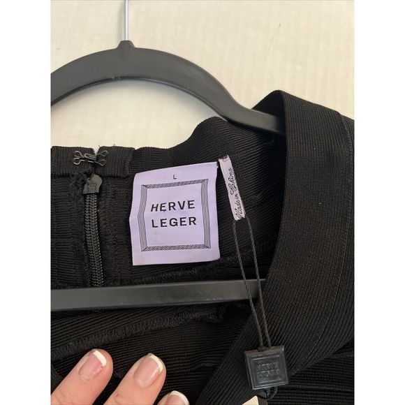 HERVE LEGER Black BANDAGE Zip-Up STRETCH RIB KNIT Bodycon MINI DRESS Sz L - Picture 10 of 12